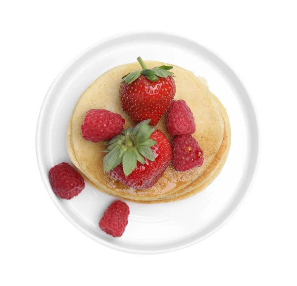 Tasty Pancakes Fresh Berries Honey White Background Top View — Stok Foto