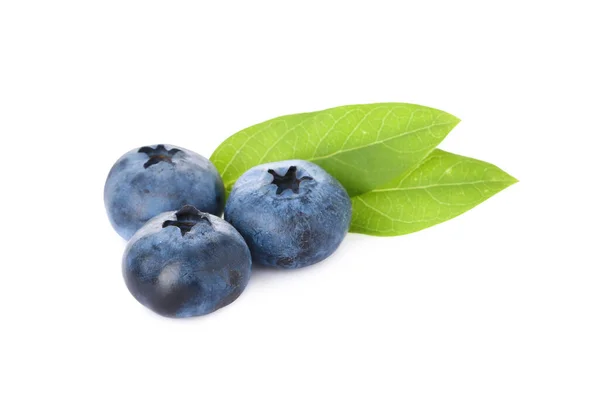 Tasty Ripe Fresh Blueberries Green Leaves White Background — Foto Stock