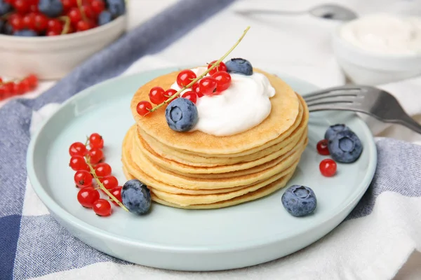 Tasty Pancakes Natural Yogurt Blueberries Red Currants Table — Stockfoto