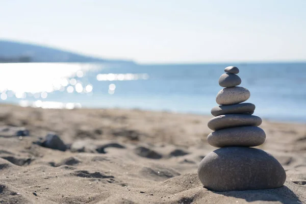 Stack Stones Sandy Beach Space Text — Stock Fotó