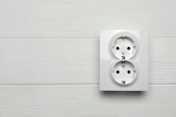 Modern Plastic Power Socket White Wooden Table Top View Space — Stockfoto