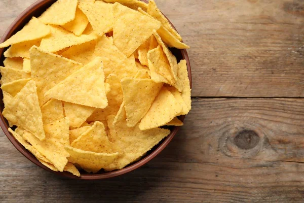 Bowl Tasty Tortilla Chips Nachos Wooden Table Top View Space — Stock Photo, Image