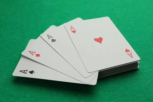 Four Aces Playing Cards Green Table Closeup Poker Game — 图库照片