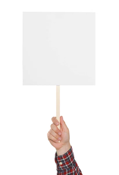 Man Holding Blank Protest Sign White Background Closeup — Zdjęcie stockowe