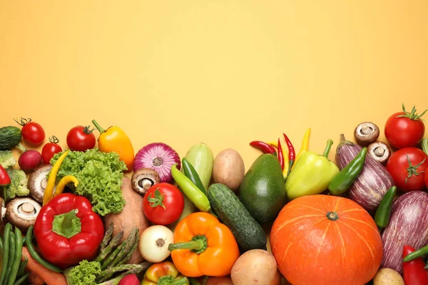 Flat Lay Composition Fresh Vegetables Yellow Background Space Text — Stock Photo, Image