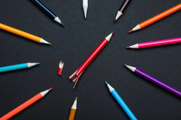 Whole Colorful Pencils Broken One Black Background Flat Lay Bullying — Fotografia de Stock