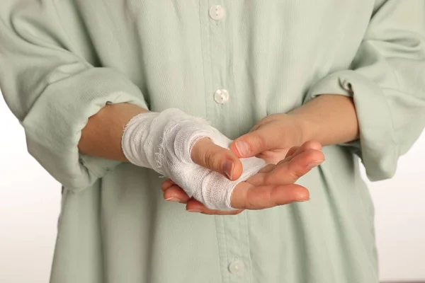 Woman Hand Wrapped Medical Bandage White Background Closeup — 스톡 사진