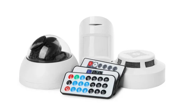 Cctv Camera Remote Controls Smoke Movement Detectors White Background Home — Fotografia de Stock
