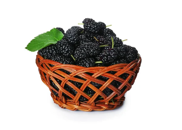 Ripe Black Mulberries Wicker Bowl White Background — Fotografia de Stock