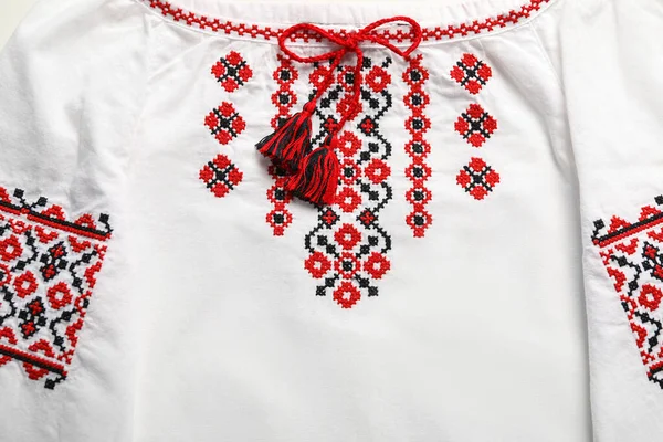 Beautiful White Shirt Red Ukrainian National Embroidery Top View — Stock Photo, Image