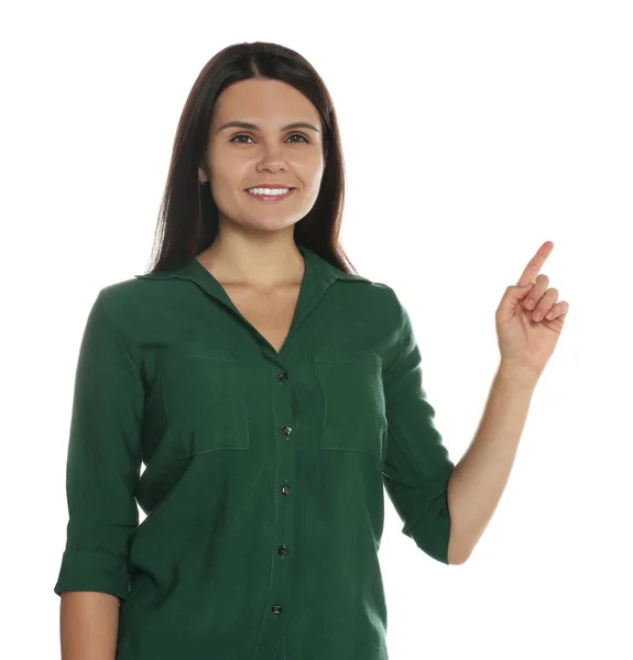 Beautiful Young Woman Gesturing White Background Weather Forecast Reporter — Fotografia de Stock