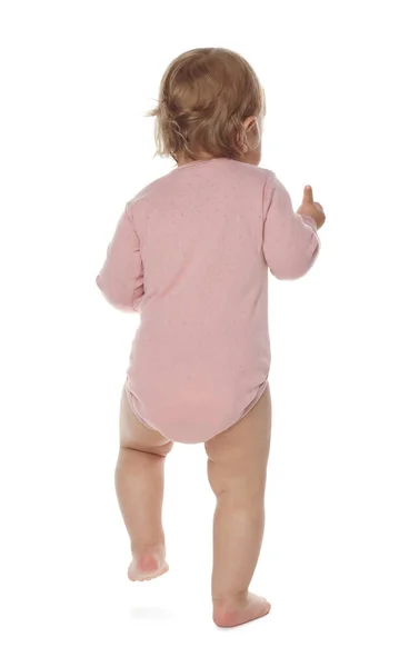 Cute Baby Girl Pink Bodysuit Learning Walk White Background Back —  Fotos de Stock