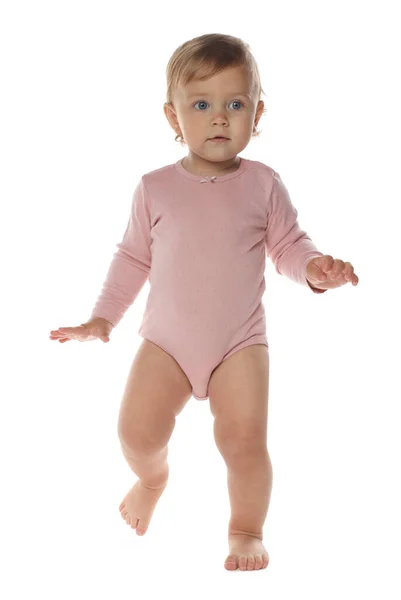 Cute Baby Girl Pink Bodysuit Learning Walk White Background —  Fotos de Stock