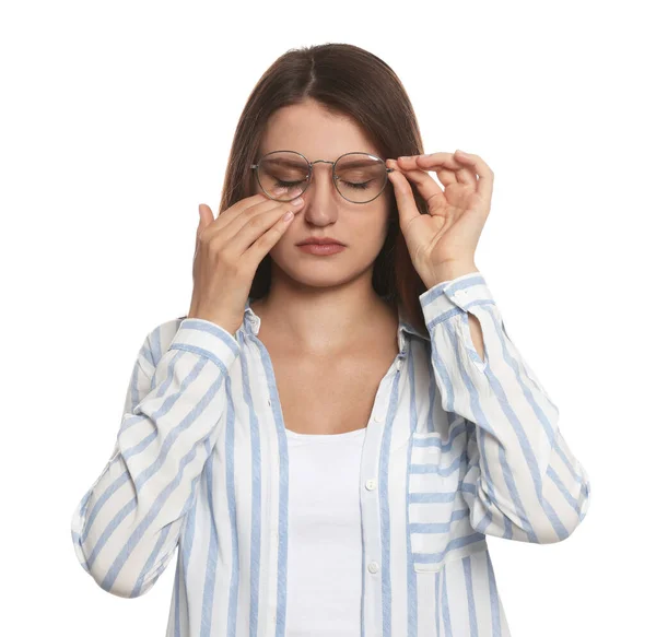 Young Woman Suffering Eyestrain White Background — 图库照片