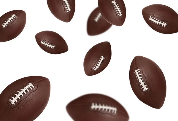 Flying Leather American Football Balls White Background — Stock fotografie