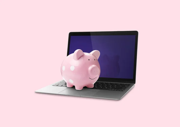 Piggy Bank Laptop Pink Background Online Banking — Stock Fotó
