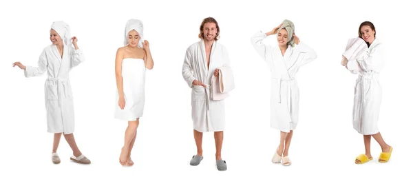 Collage Photos People Soft Towels White Background Banner Design — Stock Photo, Image