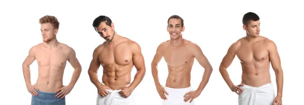 Collage Photos Attractive Men Soft Towels White Background Banner Design — Zdjęcie stockowe
