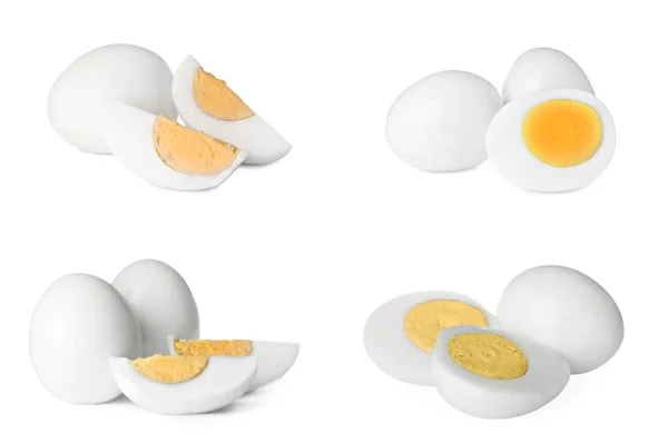 Set Tasty Hard Boiled Eggs White Background — Zdjęcie stockowe