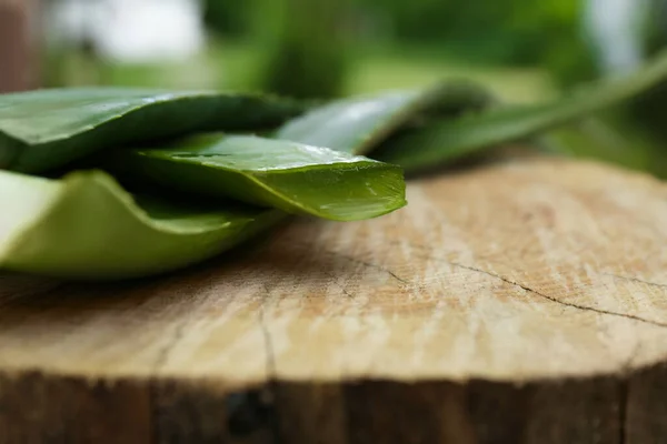 Fresh cut aloe vera leaves with dripping juice on wooden stump, closeup. Space for text
