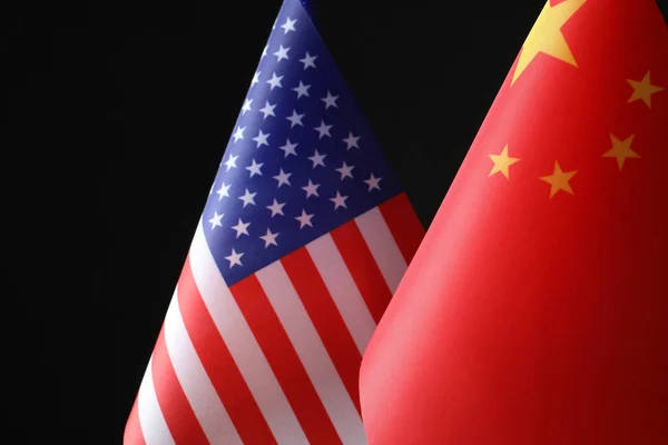 Usa China Flags Black Background Closeup International Relations — 图库照片