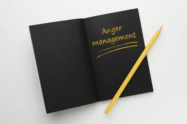 Notebook Text Anger Management Yellow Pencil White Background Top View — Stock Fotó