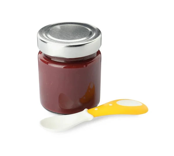 Jar Healthy Baby Food Spoon White Background — Stock Photo, Image