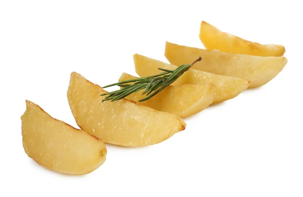 Tasty Baked Potato Wedges Rosemary White Background — Stock fotografie