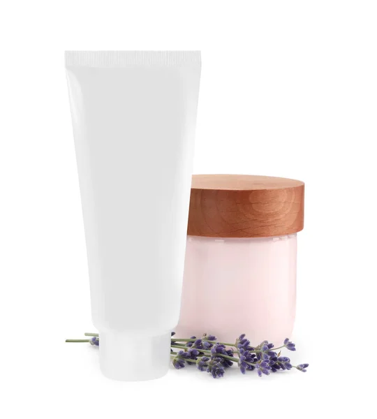 Different Hand Care Cosmetic Products Lavender White Background — Foto de Stock