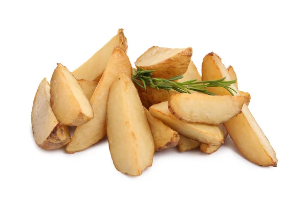 Tasty Baked Potato Wedges Rosemary White Background — Stockfoto