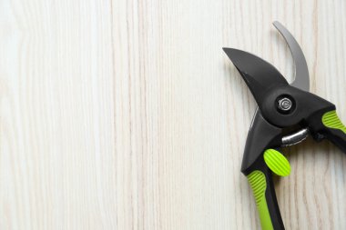 Secateur on wooden table, top view. Space for text