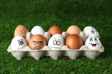 Eggs with different drawn faces in cardboard package on green grass