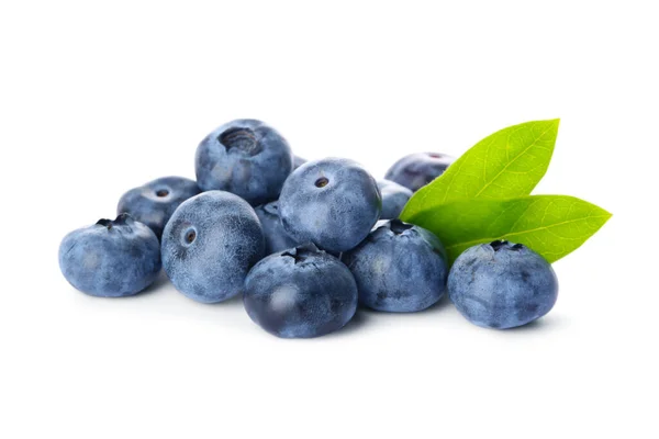 Pile Tasty Fresh Ripe Blueberries Green Leaves White Background — Fotografia de Stock
