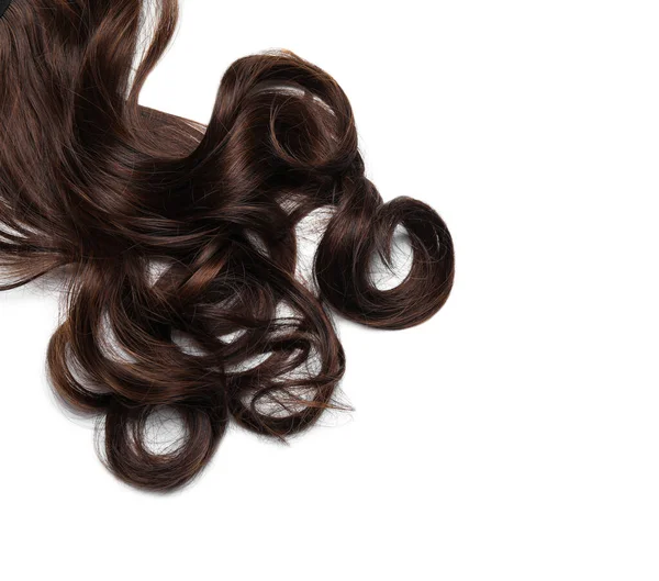 Όμορφη Σκούρα Καστανά Σγουρά Μαλλιά Που Απομονώνονται Λευκό Κορυφαία Άποψη — Φωτογραφία Αρχείου