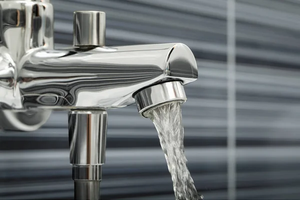 Water Flowing Bath Tap Blurred Background Closeup — Stockfoto