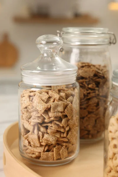 Glass Containers Different Breakfast Cereals White Table Kitchen Closeup — Fotografia de Stock
