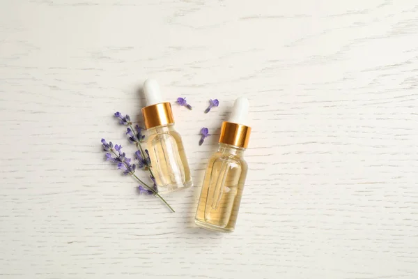 Flat Lay Composition Lavender Essential Oil White Wooden Background — Fotografia de Stock