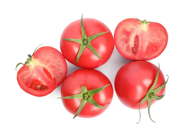Whole Cut Red Tomatoes White Background Top View — Stockfoto