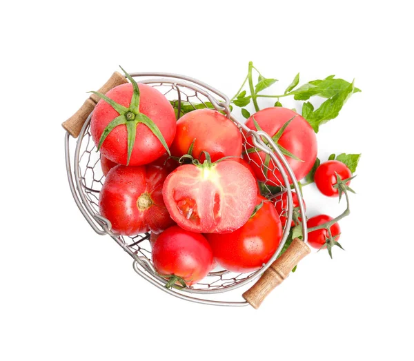 Many Ripe Tomatoes Leaves Metal Basket White Background Top View — Zdjęcie stockowe