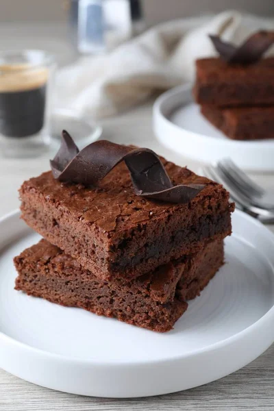 Delicious Chocolate Brownies White Table Closeup — стоковое фото