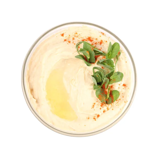 Bowl Tasty Hummus Pea Leaves Paprika Isolated White Top View — Stockfoto