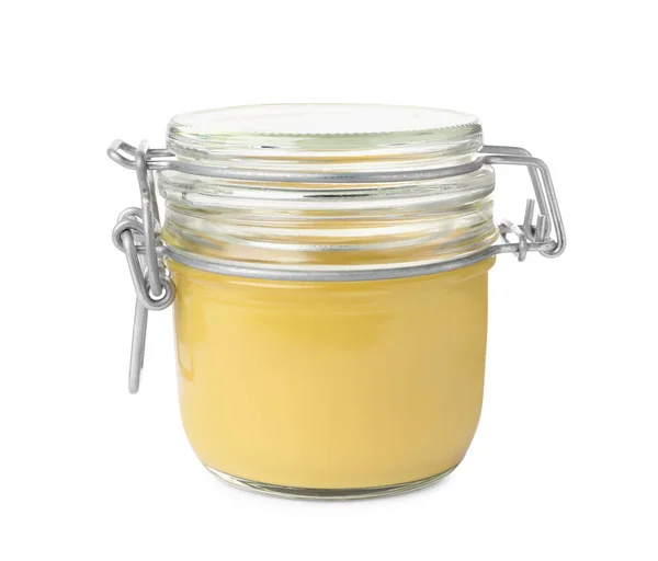 Spicy Mustard Glass Jar Isolated White — Stockfoto