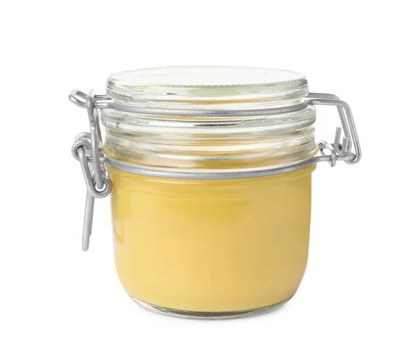 Spicy Mustard Glass Jar Isolated White — Stock fotografie