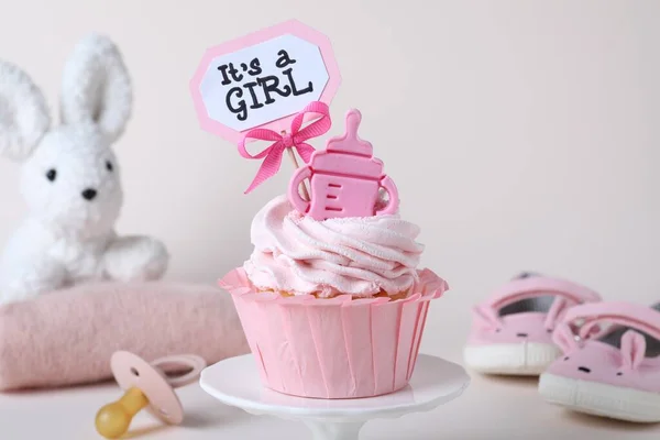 Beautifully Decorated Baby Shower Cupcake Girl Cream Topper Light Background — Stock Fotó