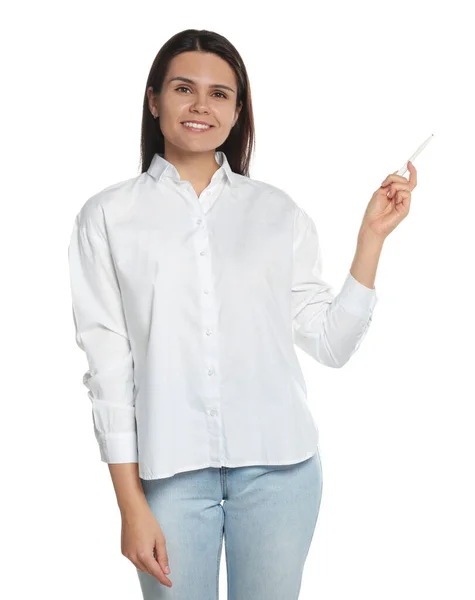 Beautiful Young Woman Pointing Something Pen White Background Weather Forecast — Stok fotoğraf