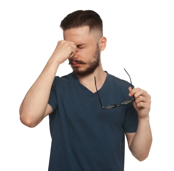 Young Man Suffering Eyestrain White Background — Fotografia de Stock