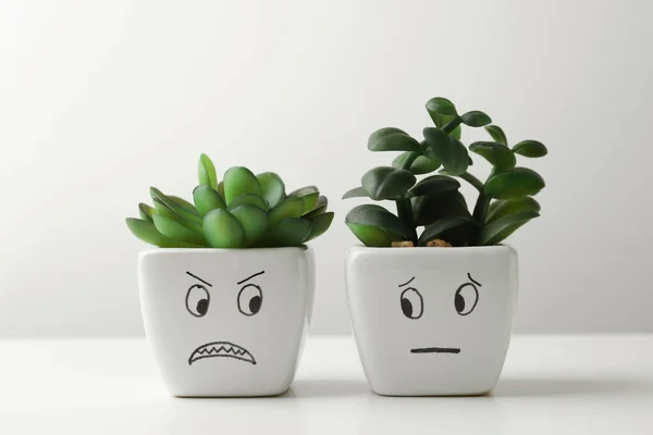 Beautiful Potted Houseplants Angry Concerned Faces White Table Emotional Management — Stockfoto