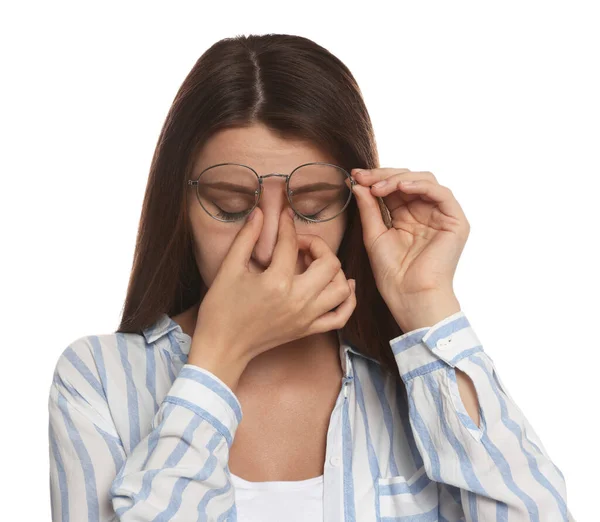 Young Woman Suffering Eyestrain White Background — 图库照片