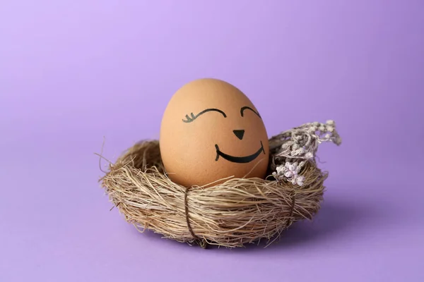 Egg Drawn Happy Face Nest Lilac Background Closeup — Stockfoto