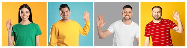 Collage Photos Cheerful People Showing Hello Gesture Different Color Backgrounds — Stockfoto